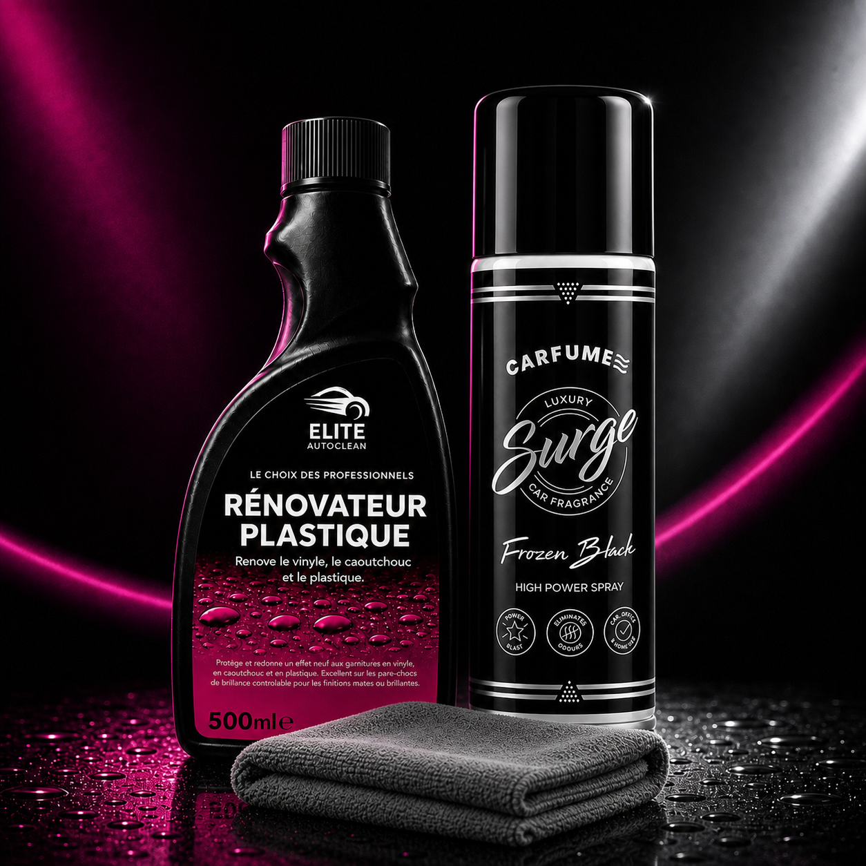 PACK INTÉRIEUR – RÉNOVATEUR PLASTIQUE & PARFUM FROZEN BLACK & MICROFIBRE